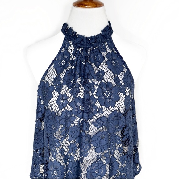 SOLD-Free People Navy Blue Halter High Neck Sleeveless Floral Mesh Crochet Lace - Picture 9 of 12